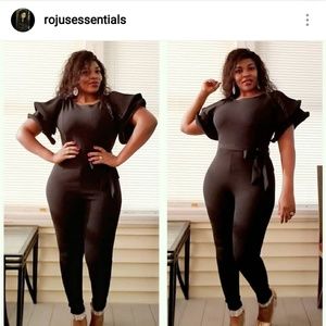 Black belted stretchy ruffle sleeves jumpsuit
